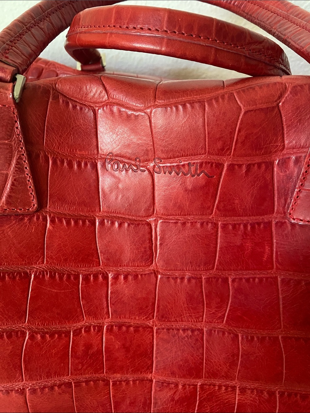 Paul Smith Red Croc-Embossed Leather Weekender Travel Bag